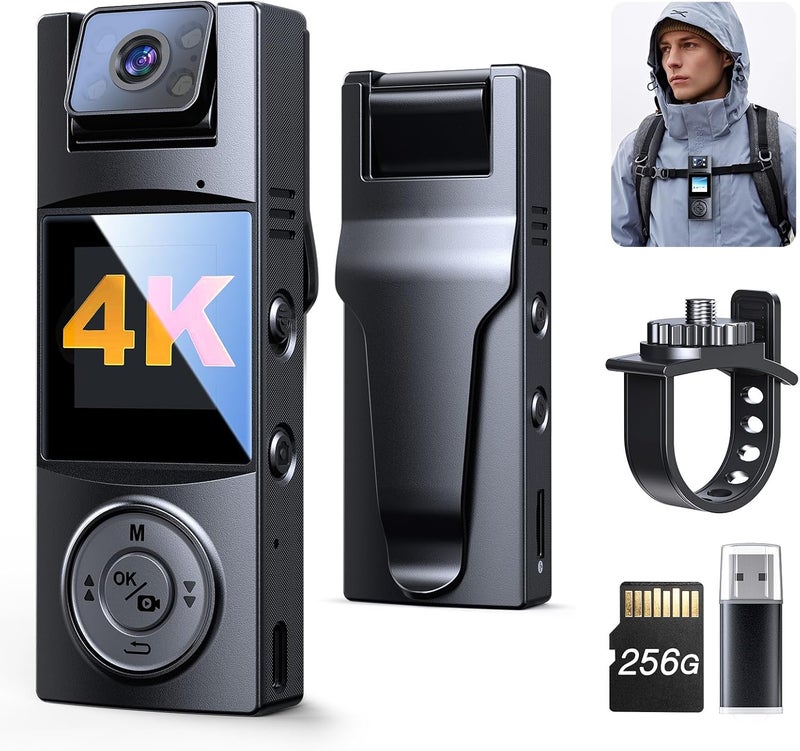 BOBLOV Body Camera with 180°Rotatable Lens, 4K/48MP Small Body Camera, Night Vision Function, Easy to Use and Take for Lecture, Traveling, Pet Walking and Outdoors Activities (4K-256GB) - Image 1